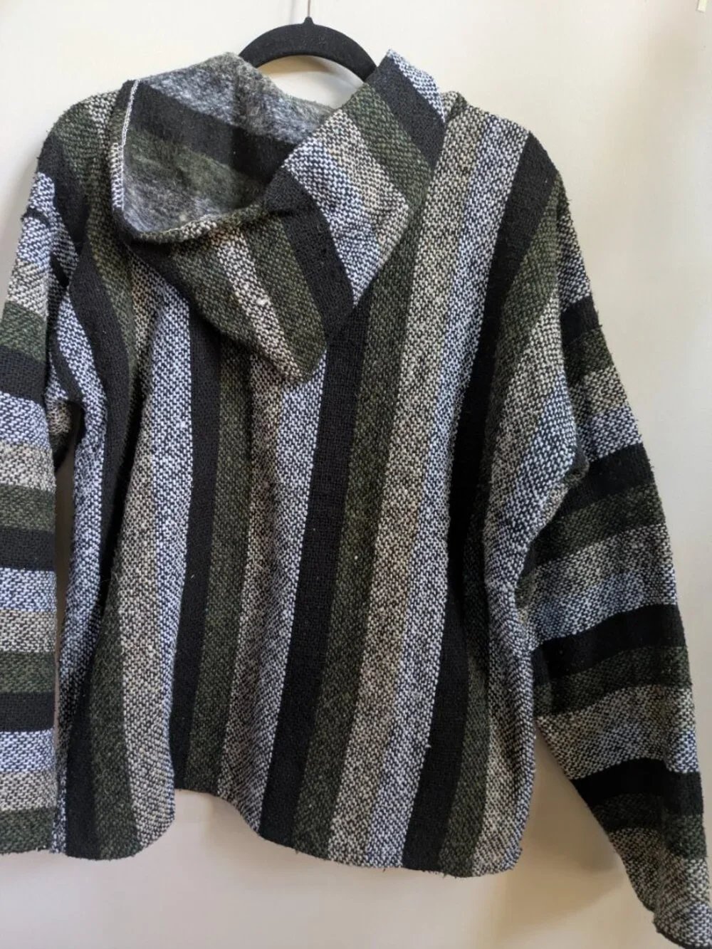 mexican poncho long sleeve hoodie black gray tan boho fits like a large  #220